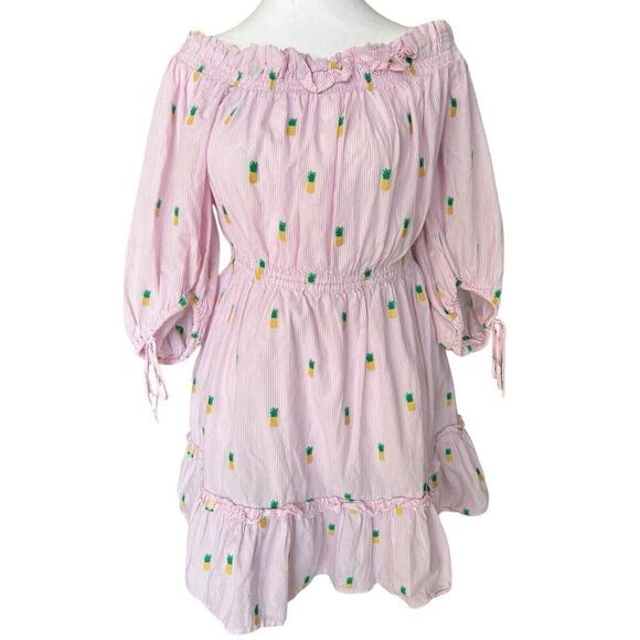 Kate Spade Pineapple Off Shoulder Mini Dress Pink Striped Size Small - Picture 1 of 8